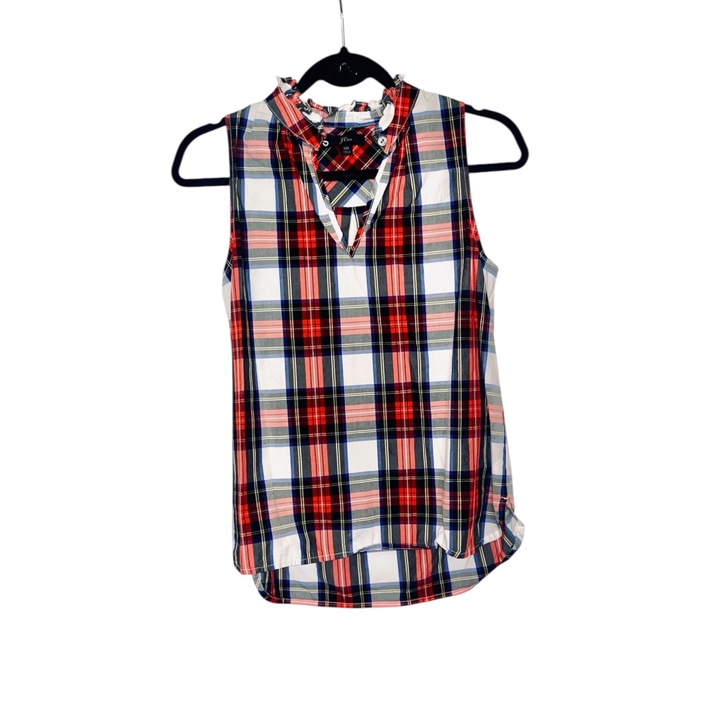 J. Crew Red Black Blue Plaid Ruffled Collar Button Down Blouse Size 00